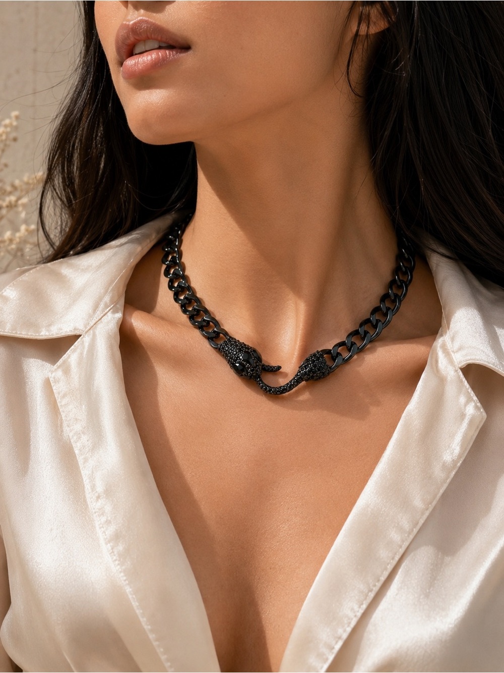 Gothic Black Crystal Snake Statement Chain Choker Necklace